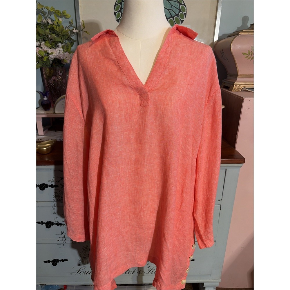 Tahari Womens Plus 3X Coral 100% Linen Blouse Side Buttons 3/4 Sleeve Tunic Top